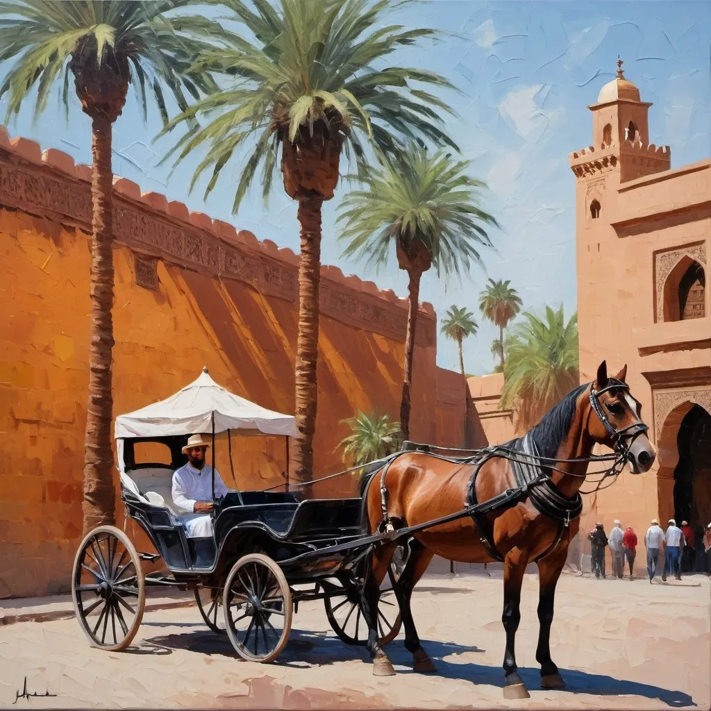 Prompt: impasto oil painting of 
a carriage with a horse in Marrakech, profile, palm trees in the background, 