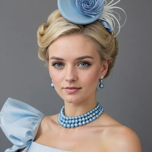 Prompt: Portrait photographique d&#39;une magnifique jeune femme blonde parfaitement habillée pour Royal Ascot avec des perles et une robe bleue ultraconservatrice à manches courtes bouffantes.