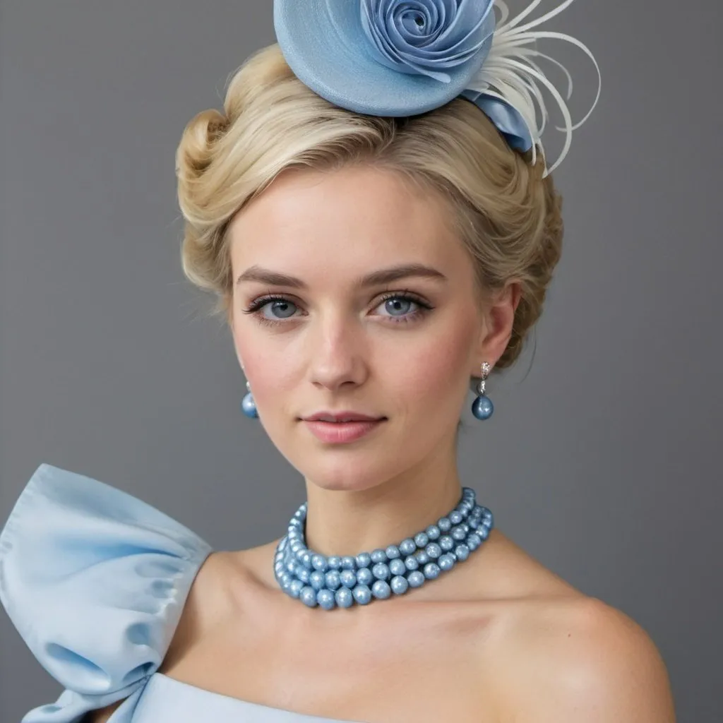 Prompt: Portrait photographique d&#39;une magnifique jeune femme blonde parfaitement habillée pour Royal Ascot avec des perles et une robe bleue ultraconservatrice à manches courtes bouffantes.