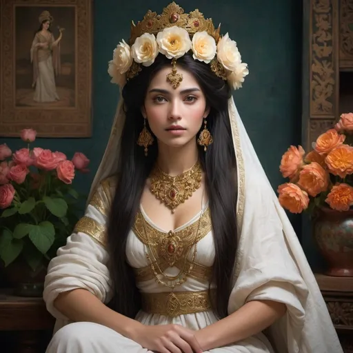 Prompt: In a room draped with the whispers of ancient tales, she sits, a vision woven from the threads of eastern romance. Adorned in garments that tell of empires lost to time, her presence is as commanding as the ornate Potter standing sentinel beside her. Flowers, plucked from the gardens of paradise, grace her hair,crowning her with nature's artistry. Her gaze,deep and unfathomable, holds the secrets of at housand love sonnets, while her hands, delicate as the petals she mirrors, cradle the goldengleam of a heart not yet given.