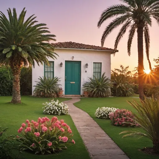 Prompt: building, bush, day, door, flower, garden, grass, house, no humans, outdoors, palm tree, plant, potted plant, scenery, sky, sunset, tree, water