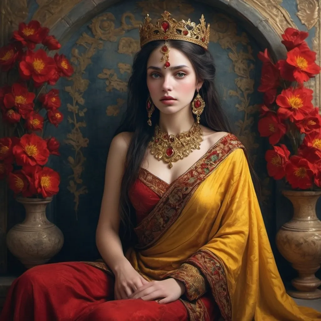 Prompt: Enveloped in the richness of sapphirea nd gold, she sits, a vision of enchantmenta gainst the tapestry of a time-worn room. Herg aze, deep and introspective, beckons like anu ntold story waiting to be whispered to a kindreds pirit. The red scarf, a fiery crown, adorns herw ith a touch of mystery, while the intricatee mbroidery of her attire tells of meticulousc raftsmanship and beauty. Her presence is like averse of poetry in an ancient land, exuding gracew ith every breath, a romantic muse in the midstof bloom and decay, where every crack in the walland petal of yellow blossoms sings of love,longing, and the eternal dance of allure.