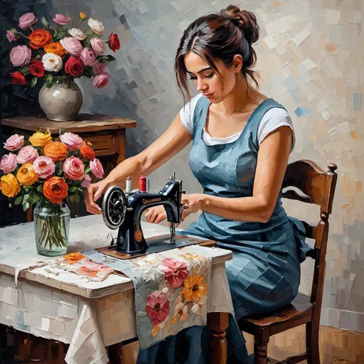 Prompt: 
a painting of a woman sewing on a table 
Sitting in front of a sewing machine،With flowers in a vase, impressionism, thick oil painting style,In impasto painting, artists apply thick layers of paint to their canvases to produce a heavy texture that makes brush strokes and knife strokes more visible. 