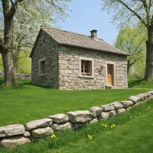 Prompt: A stone house in a spring atmosphere 