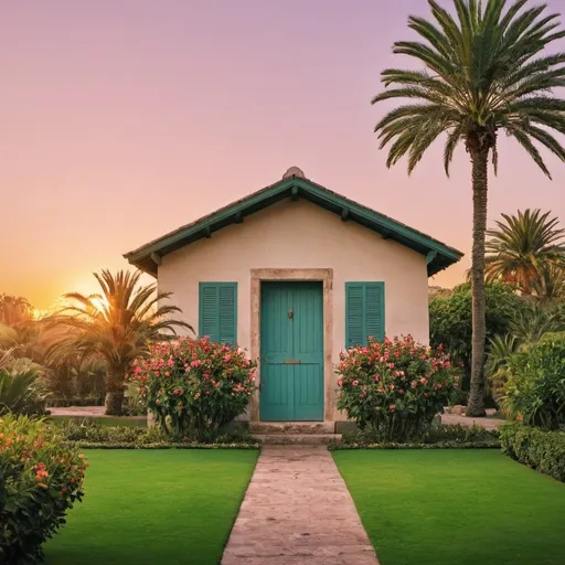 Prompt: building, bush, day, door, flower, garden, grass, house, no humans, outdoors, palm tree, plant, potted plant, scenery, sky, sunset, tree, water