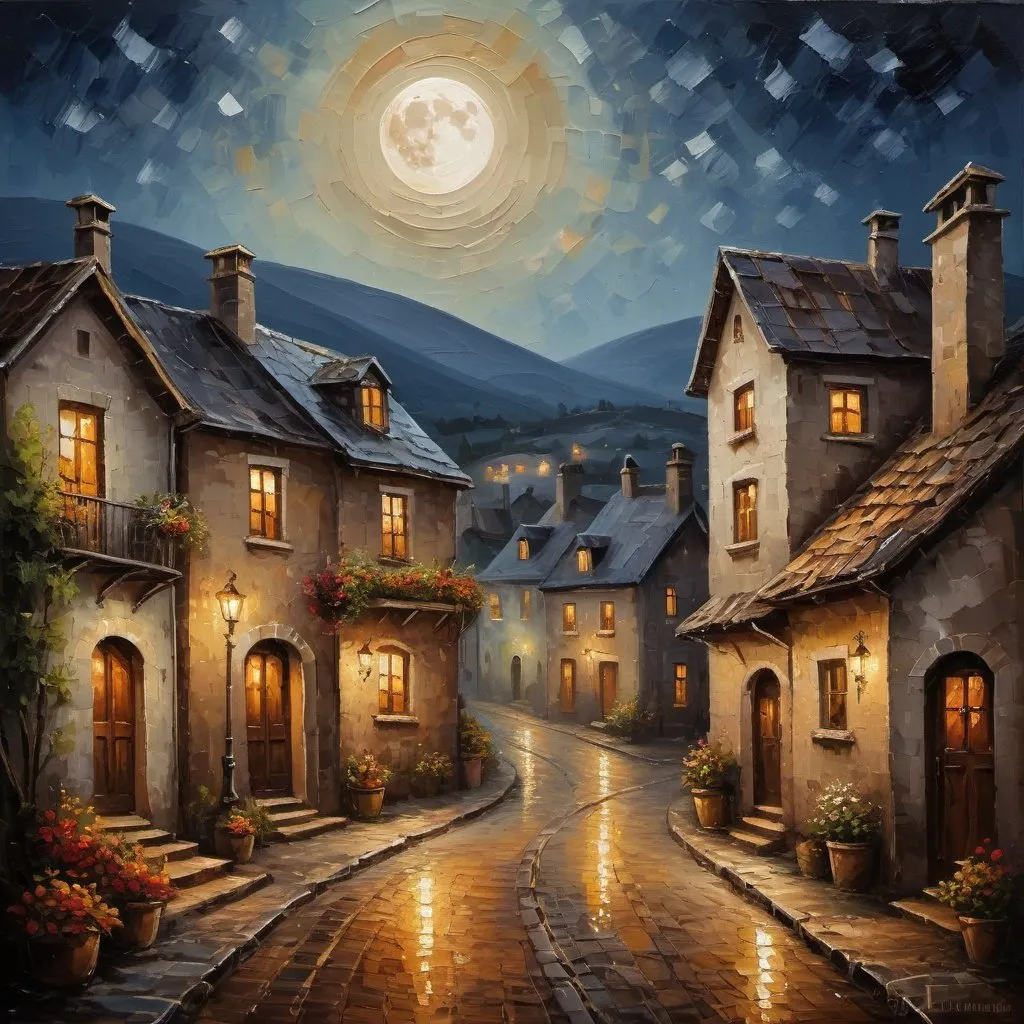 Prompt: Moonlit landscape captured, quaint village nestled at the foot of rolling hills, couples walking under a starry sky, an aura of romance pervading the oil painting, rich texture emphasizing the romantic nocturnal atmosphere, traditional attire, cobblestone paths weaving through cozy homes, warm light emanating from windows, strong sense of community, magical realism, dramatic lighting, ultra fine details, breathtaking, thick oil painting style,In impasto painting, artists apply thick layers of paint to their canvases to produce a heavy texture that makes brush strokes and knife strokes more visible. 