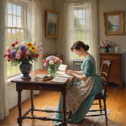 Prompt: a painting of a woman sewing on a table with flowers in a vase and a book on a table, Edward Lamson Henry, american impressionism, thomas kindkade, a fine art painting