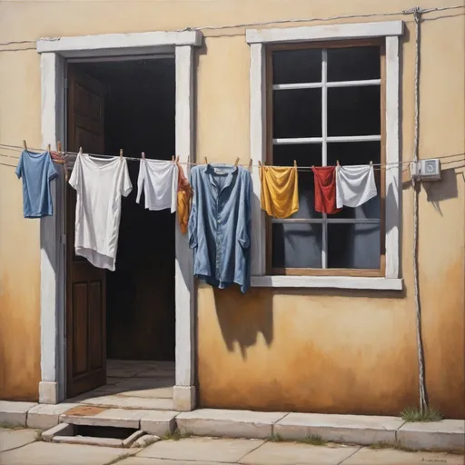 Prompt: a painting of clothes hanging out to dry on a clothesline outside a building with a door and window, figurative art, detailed oil painting, an oil on canvas painting