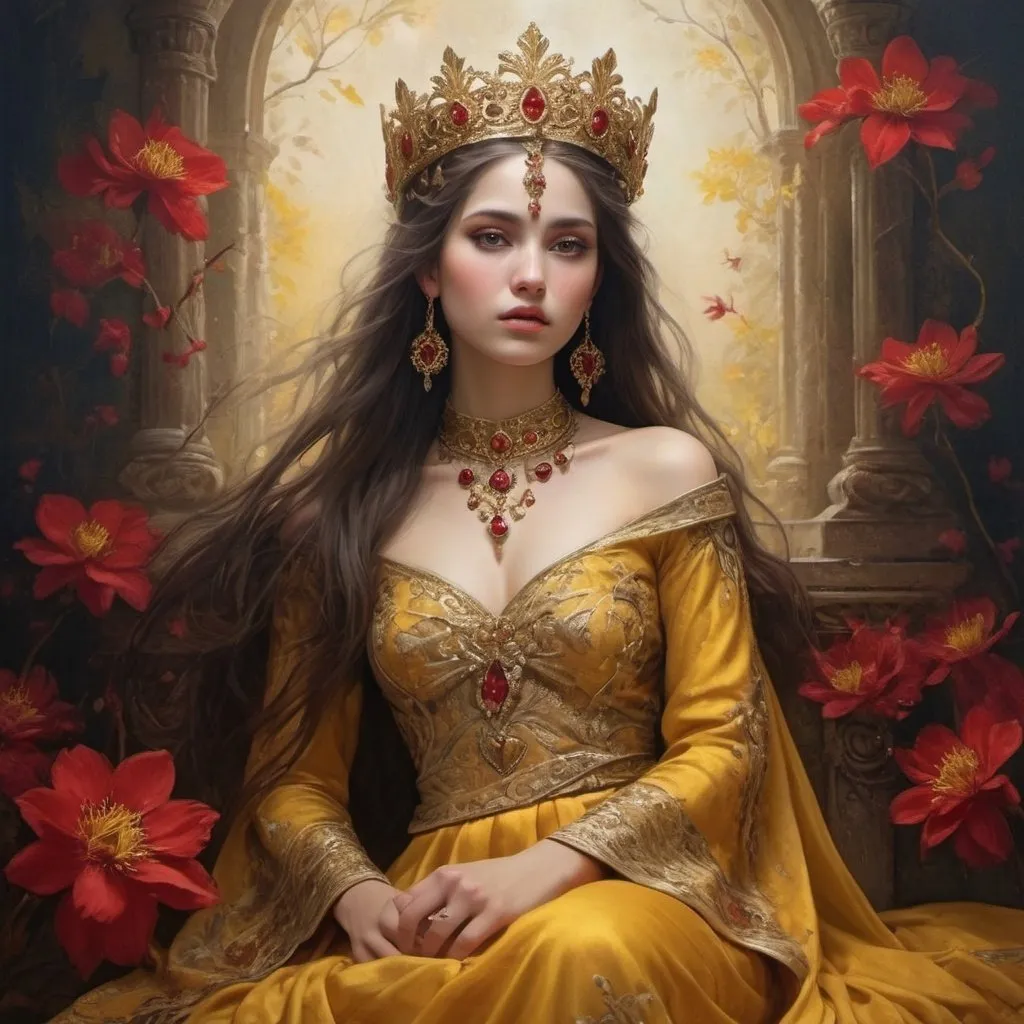 Prompt: Enveloped in the richness of sapphirea and gold, she sits, a vision of enchantmenta gainst the tapestry of a time-worn room. Hergaze, deep and introspective, beckons like anu ntold story waiting to be whispered to a kindreds pirit. The red scarf, a fiery crown, adorns herw ith a touch of mystery, while the intricatee mbroidery of her attire tells of meticulousc craftsmanship and beauty. Her presence is like averse of poetry in an ancient land, exuding gracew ith every breath, a romantic muse in the midstof bloom and decay, where every crack in the walland petal of yellow blossoms sings of love,longing, and the eternal dance of allure.