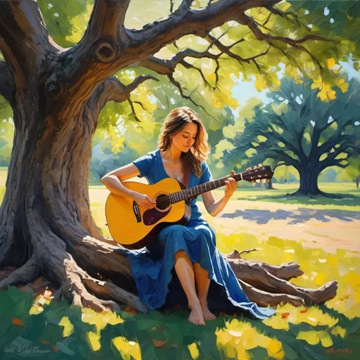 Prompt: A female playing guitar sitting under the sprawling boughs of a centuries-old oak tree, sunlight filtering through the leaves creating a dance of light and shadows, 
painting in a palette knife style, bold and expressive brushstrokes, impressionist technique, dynamic strokes, vibrant colors, figurative art, intricate oil painting, an ultrafine detailed painting