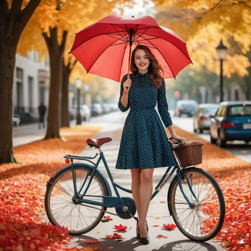 Prompt: A fashionable woman in a polka dot dress poses on a vibrant red umbrella, capturing the essence of a sunny day. The sidewalk, adorned with a carpet of colorful autumn leaves, serves as the perfect backdrop. In the distance, a vintage bicycle adds a touch of nostalgia. This photo would be best captured with a DSLR camera, using a wide-angle lens to capture the full scene and vibrant colors. The style should be reminiscent of street photography, with a focus on capturing candid moments and the energy of the environment. Emphasize the contrast between the woman's stylish outfit and the natural elements surrounding her. Capture her dynamic poses and expressive facial expressions, highlighting her confidence and individuality. This prompt is ideal for a fashion-forward, autumn-inspired photoshoot.