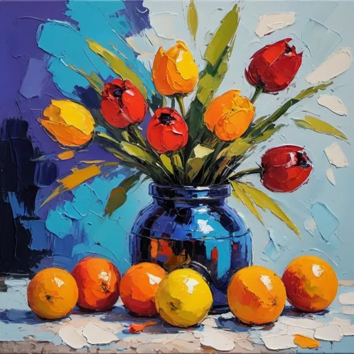 Prompt: Still life, painting in a palette knife style, bold and expressive brushstrokes, impressionist technique, dynamic strokes, vibrant colors. 