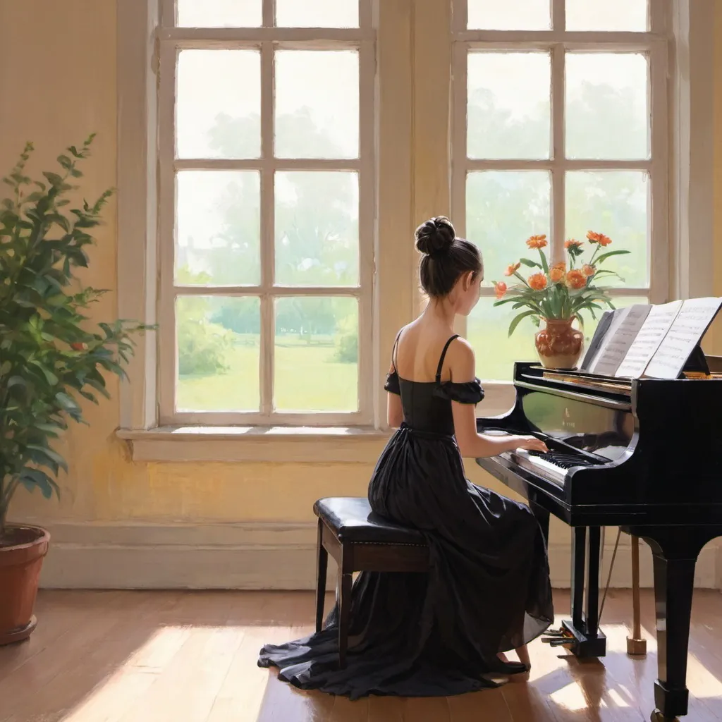 Prompt: 1girl, window, instrument, sitting, dress, piano, indoors, solo, chair, hair_bun, music, flower, black_hair, playing_instrument, black_dress, single_hair_bun, vase, day, painting_(object), plant, tree, bare_shoulders, impressionism 