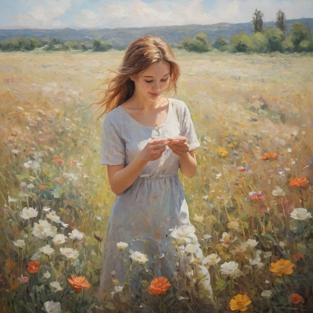 Prompt: A young woman in a field of flowers, picking flowers, happy, Impressionist, soft colors, bright light, detailed, high resolution, Textured expressionist impasto with visible oil paint and brush strokes. A masterpiece