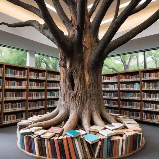 Prompt: Large tree stump) with (library) inside filled with (books). The stump has natural textures, and the library contains an assortment of book spines.