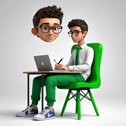 Prompt: Create a 3D illustration featuring a realistic 18 year-old beautiful young boy busy to writing a coding on a chair in front of a 3d logo of "Facebook", The character should have green and white pant coat tie ,with Sneakers shoes, with glasses,The background of the image should showcase a social media profile page and the username "AYAT Allah Omary" and a matching profile picture and modify it