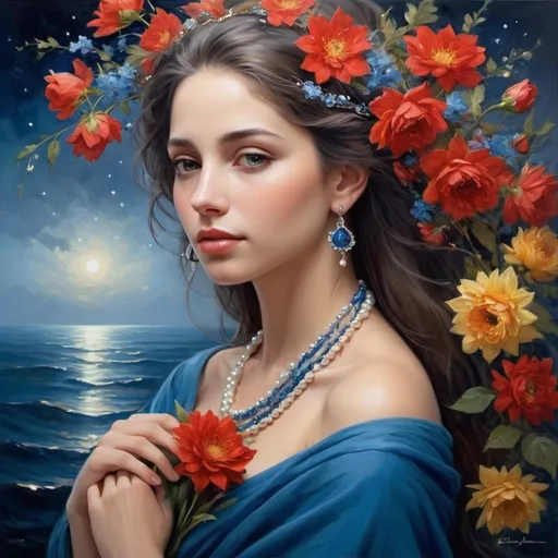 Prompt: In a canvas washed with the warmth of affection, a woman's grace blossoms like the myriad of flowers that surround her.
Draped in the richest of blues, adorned with golden blooms, she is the midnight sky bought to life, stars twinkling in her attire. Her red scarf, a vibrant flame against the night, frames the softness of her face, a visage of serenity and contemplative charm. The lustrous pearls at her ears whisper tales of the sea's quiet majesty. She is a poem personified, the embodiment of lover's tender ballad, a portrait of romance painted in the language of longing and the colors of ardor.
Beside her, nature's own bouquet offers a silent chorus of color, echoing her loveliness, in this still life where beauty and passion are forever captured in a moment of quiet splendor.