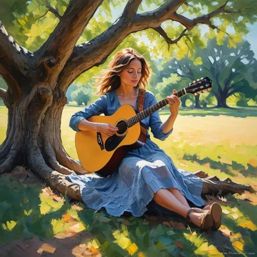 Prompt: A female playing guitar sitting under the sprawling boughs of a centuries-old oak tree, sunlight filtering through the leaves creating a dance of light and shadows, 
painting in a palette knife style, bold and expressive brushstrokes, impressionist technique, dynamic strokes, vibrant colors, figurative art, intricate oil painting, an ultrafine detailed painting