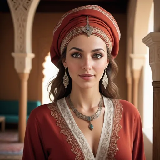 Prompt: realism, beautiful female host, detailed facial features, elegant attire, luxurious setting, natural lighting, high quality, realistic, elegant, detailed, natural lighting, luxurious setting  Moroccan host