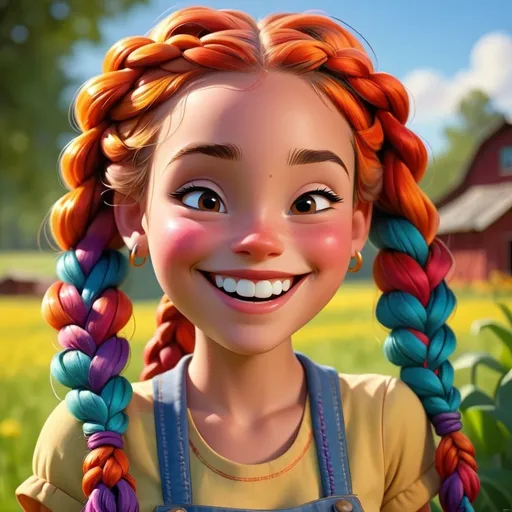 Prompt: Disney style farm girl with braids and a happy smile, vibrant colors, sunny
