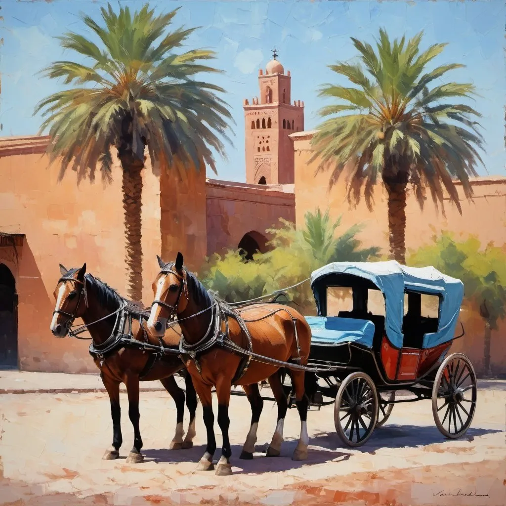 Prompt: A carriage with two horses in Marrakech, profile, palm trees in the background, 
 impressionistic painting with 
large palette-knife