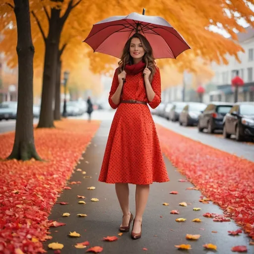 Prompt: A fashionable woman in a polka dot dress poses on a vibrant red umbrella, capturing the essence of a sunny day. The sidewalk, adorned with a carpet of colorful autumn leaves, serves as the perfect backdrop. In the distance, a vintage bicycle adds a touch of nostalgia. This photo would be best captured with a DSLR camera, using a wide-angle lens to capture the full scene and vibrant colors. The style should be reminiscent of street photography, with a focus on capturing candid moments and the energy of the environment. Emphasize the contrast between the woman's stylish outfit and the natural elements surrounding her. Capture her dynamic poses and expressive facial expressions, highlighting her confidence and individuality. This prompt is ideal for a fashion-forward, autumn-inspired photoshoot.