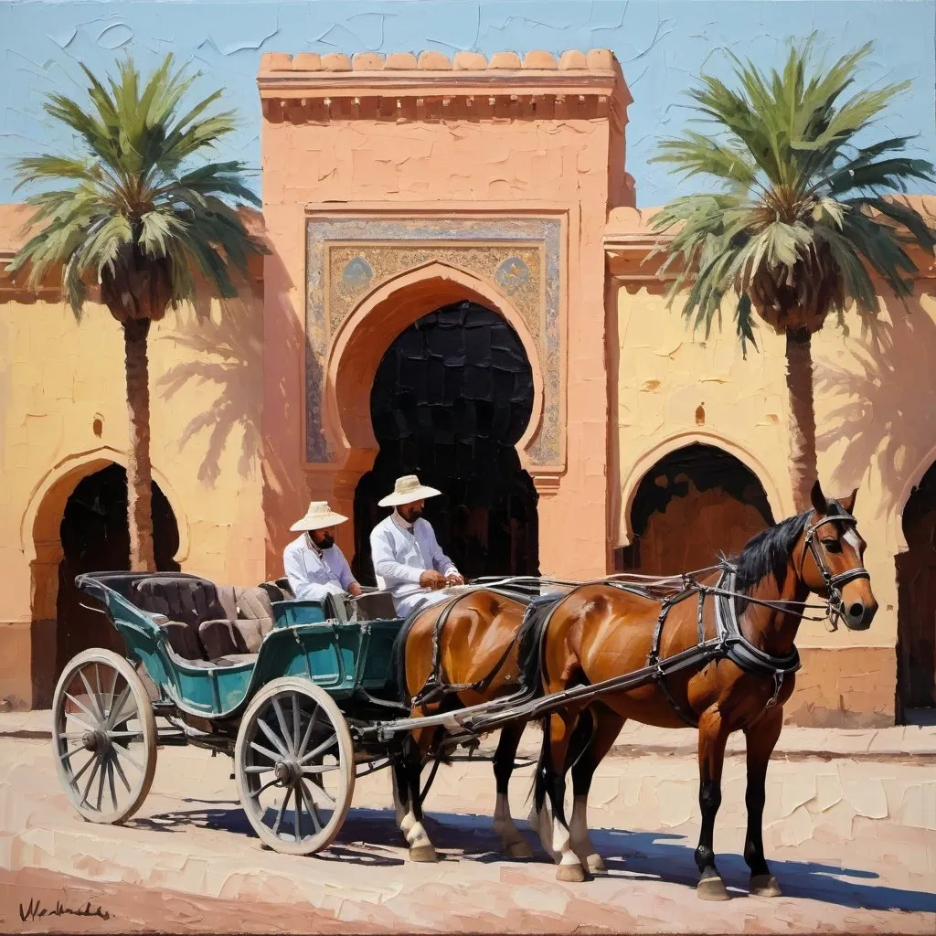 Prompt: thick impasto oil painting of a 
carriage with two horses in Marrakech, profile, palm trees in the background, thick bumpy paint strokes
 