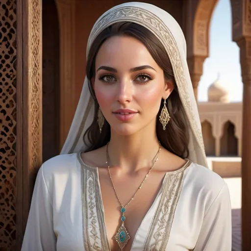 Prompt: realism, beautiful female host, detailed facial features, elegant attire, luxurious setting, natural lighting, high quality, realistic, elegant, detailed, natural lighting, luxurious setting  Moroccan host