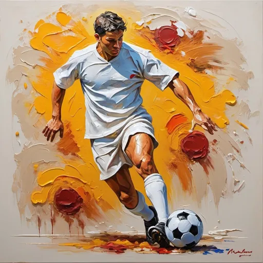 Prompt: Footed ball Player , thick oil painting style,In impasto painting, artists apply thick layers of paint to their canvases to produce a heavy texture that makes brush strokes and knife strokes more visible. 