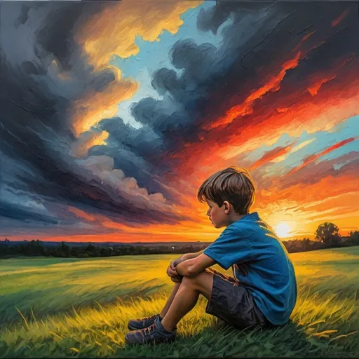 Prompt: Boy sitting cross-legged on a grassy knoll, a turbulent sky in the background with a hint of sunset peeking through the dark clouds, crayon sketch, thick outlines, bright primary colors, impressionistic style, ultra-vivid colors, dramatic shadows, detailed textures.
 thick oil painting style,In impasto painting, artists apply thick layers of paint to their canvases to produce a heavy texture that makes brush strokes and knife strokes more visible. 