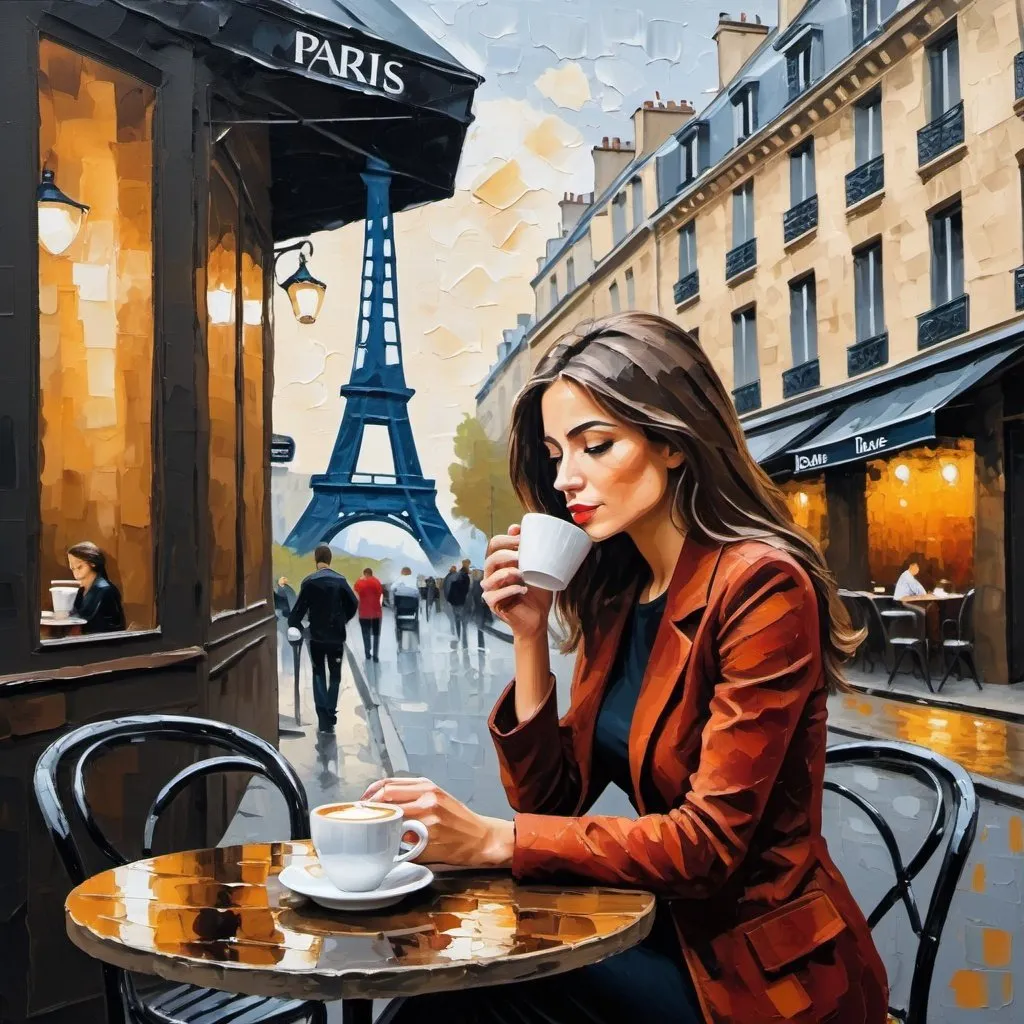 Prompt: Beautiful woman sitting alone sipping coffee outside at a Paris café, thick oil painting style,In impasto painting, artists apply thick layers of paint to their canvases to produce a heavy texture that makes brush strokes and knife strokes more visible. 