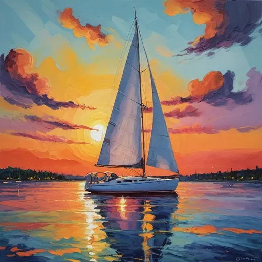 Prompt: a painting of shows a sailboat on a body of water at sunset, ultrafine detailed painting, speedpainting, fauvism, painterly