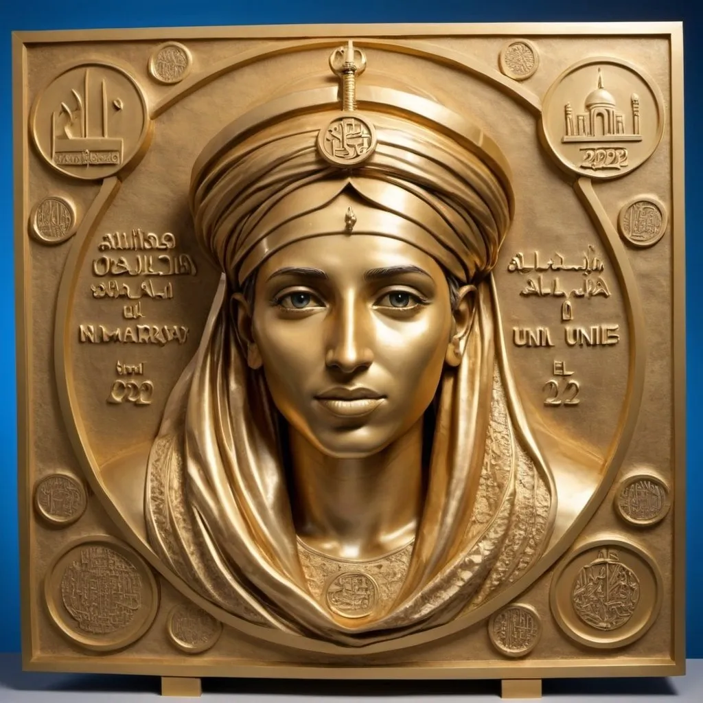 Prompt: Une sculpture relief doré représentant l'emblème des nations unies sur un fond bleu, 
avec date 2024 et nom "AYAT ALLAH EL OMARY" écrit dessus, 
L'image est dans un style réaliste avec des détails fins, 