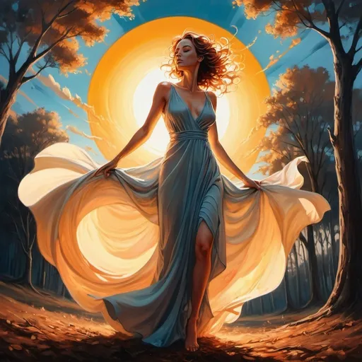 Prompt: a painting of a woman with a flowing dress and a sun in the background, with a sky and trees, Cyril Rolando, action painting, incredible art, an airbrush painting