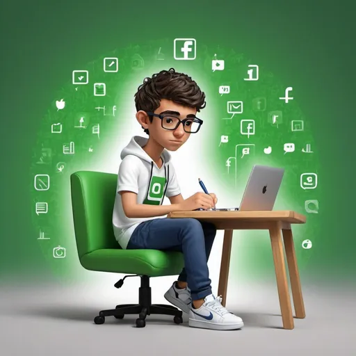 Prompt: Create a 3D illustration featuring a realistic 18 year-old beautiful young boy busy to writing a coding on a chair in front of a 3d logo of "Facebook", The character should have green and white pant coat tie ,with Sneakers shoes, with glasses,The background of the image should showcase a social media profile page and the username "AYAT Allah Omary" and a matching profile picture and modify it