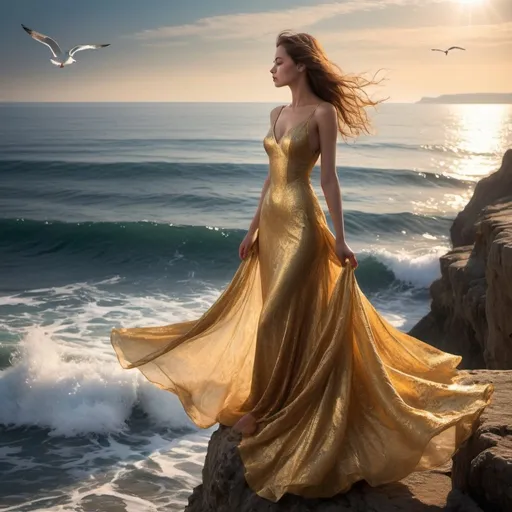 Prompt: Perched upon the craggy embrace of the cliff, she is a vision in sun-kissed gold. The sea below whispers secrets to the shore, an endless conversation that dances to the rhythm of the waves. Her gown, a cascade of golden sunlight, flutters in the tender caress of the sea breeze, a silent symphony of color against the azure expanse.Her silhouette, a solitary grace against the vastness of sea and sky, speaks to the yearning of the horizon. The world seems to pause, holding its breath at the sight of her contemplative beauty. Seagulls wheel overhead, their cries a testament to the freedom that surrounds her.