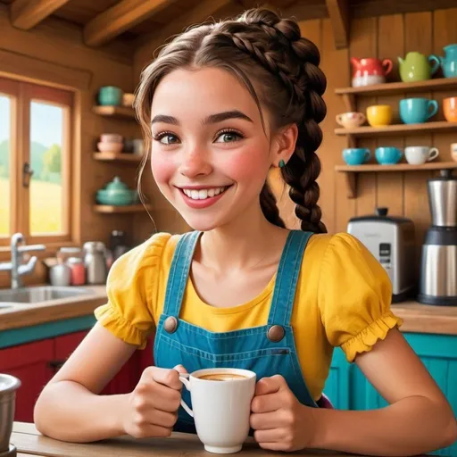 Prompt: Disney style farm girl with braids and a happy smile, vibrant colors, sunny
She pours coffee into a cup