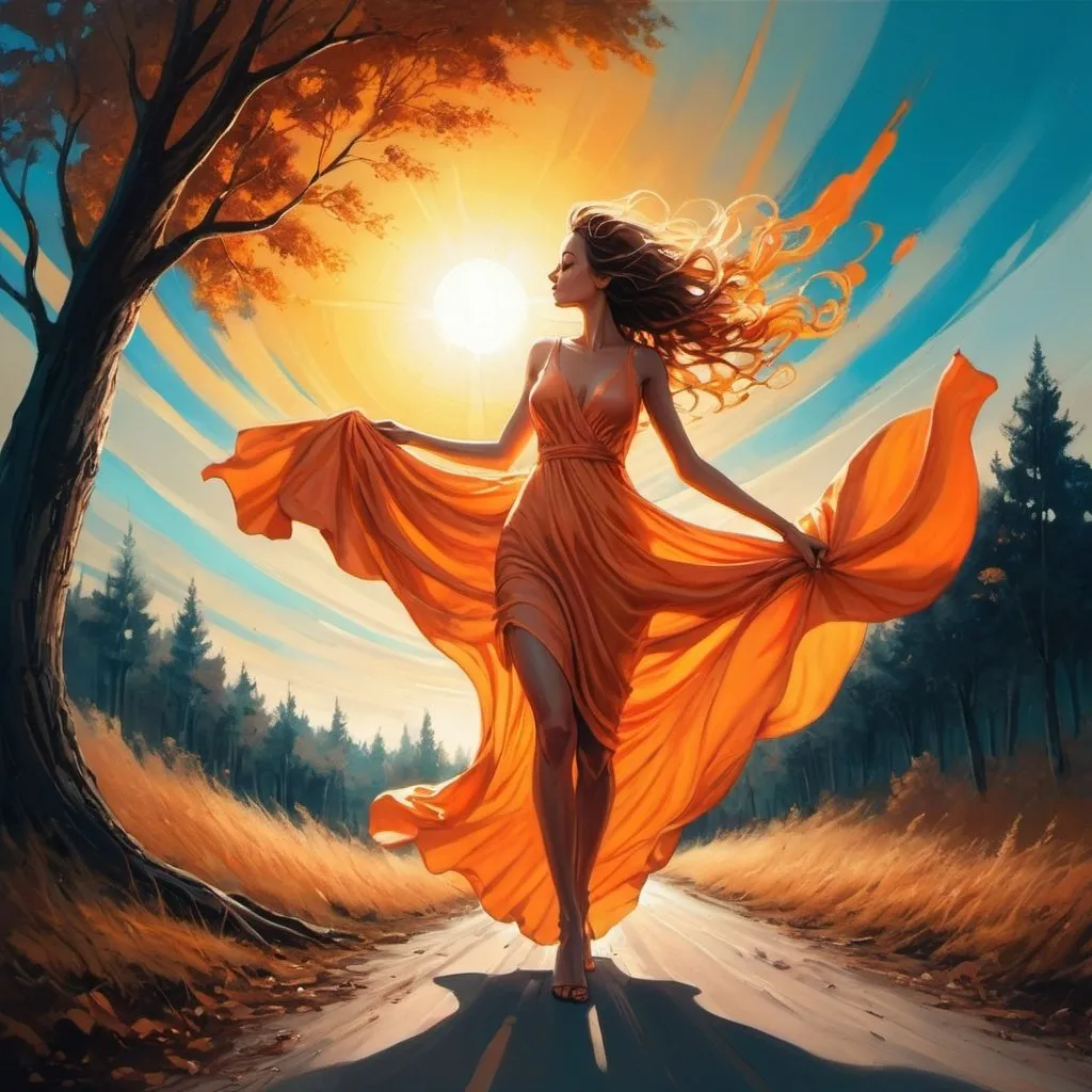 Prompt: a painting of a woman with a flowing dress and a sun in the background, with a sky and trees, Cyril Rolando, action painting, incredible art, an airbrush painting
