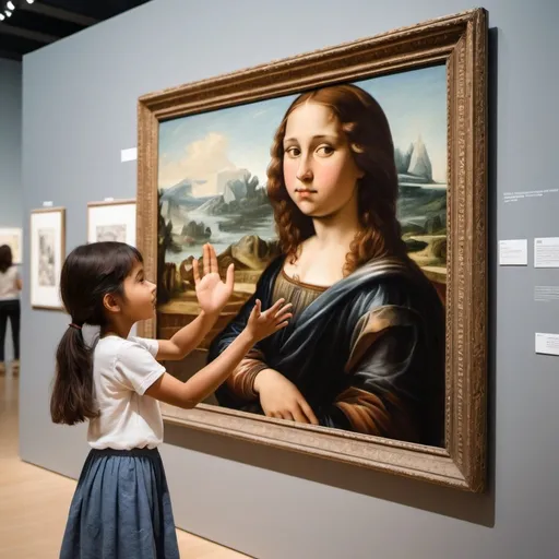 Prompt: In an art museum, a girl drawn on a large painting extends her hand and comes out of the frame of the painting to touch the hand of a visitor to the exhibition who greets her, three-dimensional.