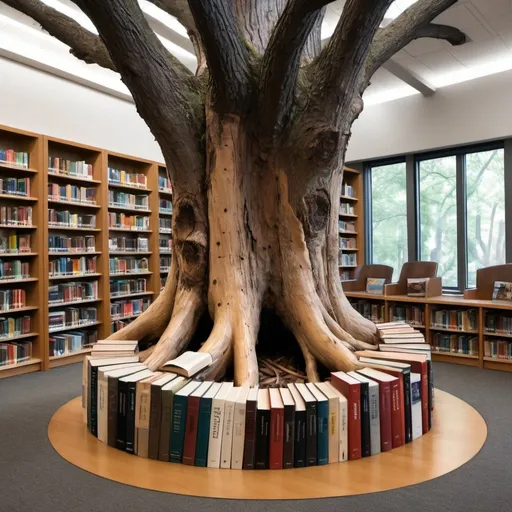 Prompt: Large tree stump) with (library) inside filled with (books). The stump has natural textures, and the library contains an assortment of book spines.