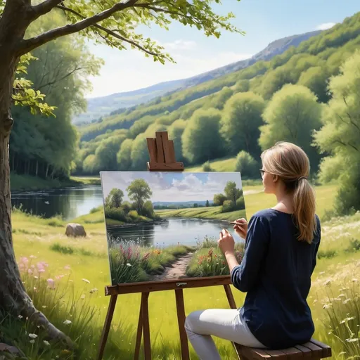 Prompt: Image des artistes peintres, en plein nature, ils dessinent debout devant leurs tableaux qui sont posés sur des chevalets, des dessins de paysage, la scène se déroule dans un paysage naturel fleuri, style réaliste, haute qualité, 8K,Ultra HD, 