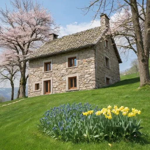 Prompt: A stone house in a spring atmosphere 