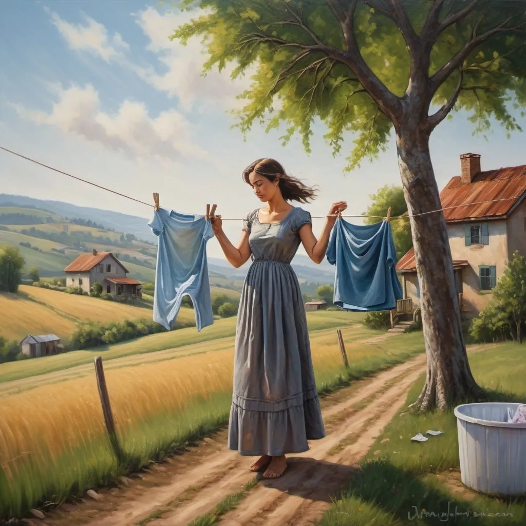 Prompt: A woman wearing a long dress is hanging laundry on a clothesline in a rural setting. The clothes are blowing in the wind. The background is a hilly landscape with trees and houses. The painting is in a figurative art style, intricate oil painting, an ultrafine detailed painting