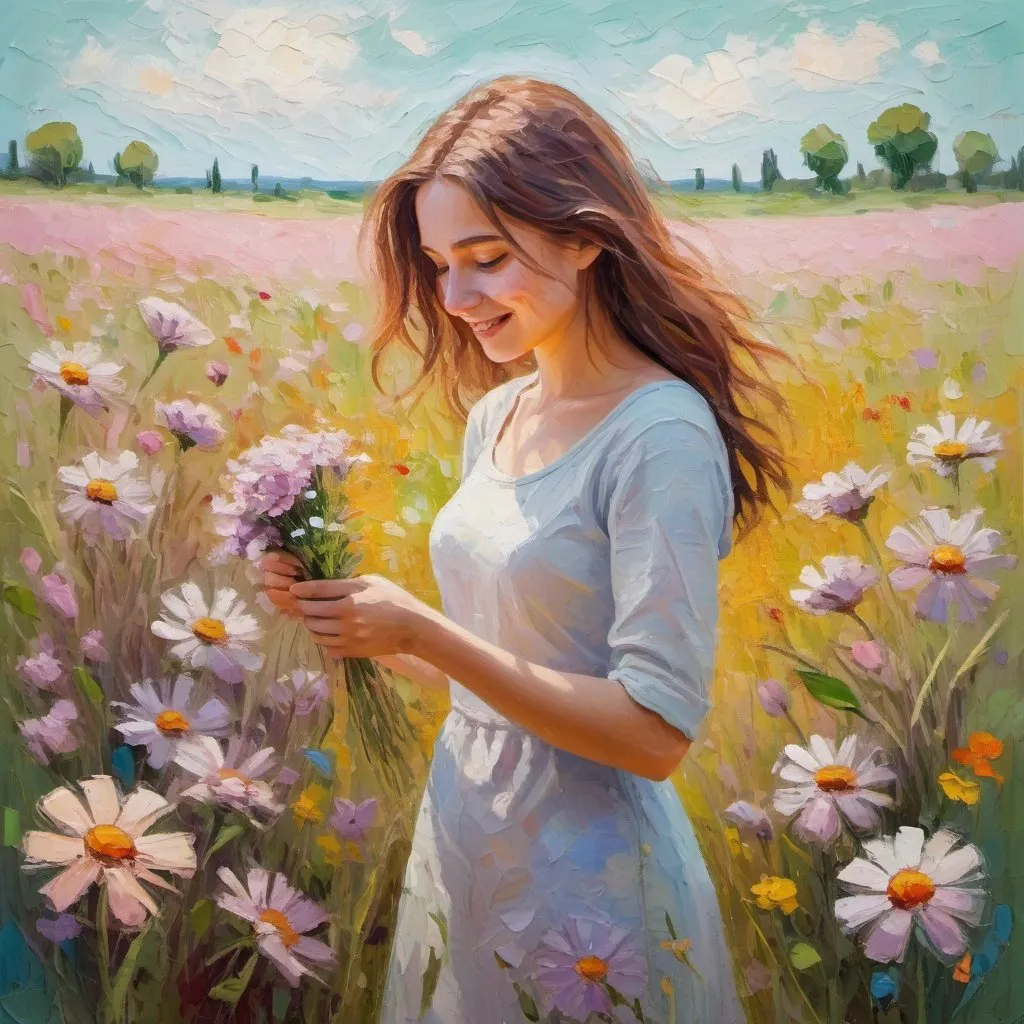 Prompt: A young woman in a field of flowers, picking flowers, happy, Impressionist, soft colors, bright light, detailed, high resolution, Textured expressionist impasto with visible oil paint and brush strokes. A masterpiece