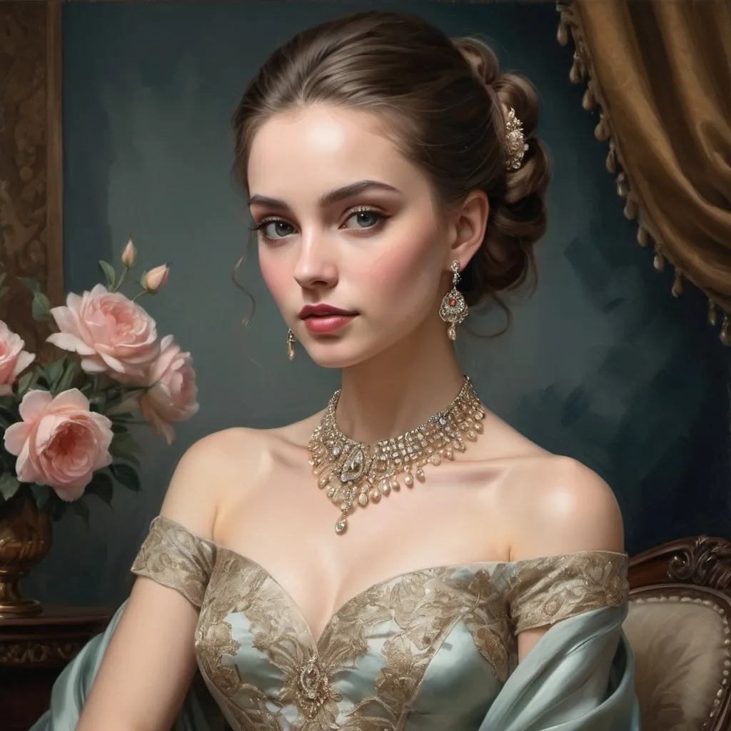 Prompt: A stylish and elegant young woman from privileged society, her refined features exude sophistication and grace. This exquisite portrait, possibly a beautifully crafted oil painting, showcases her in a flowing gown of luxurious silk, adorned with intricate lace and delicate embroidery. Every meticulous brushstroke captures the essence of opulence, from the shimmering jewels adorning her neck to the intricate updo that perfectly frames her face. The image radiates an aura of wealth and stature, transporting viewers into the glamorous world of high society.
