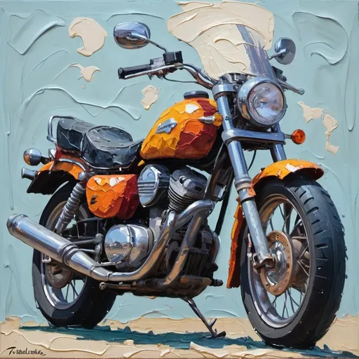 Prompt: thick impasto oil painting of a motorcycle, thick bumpy paint strokes 