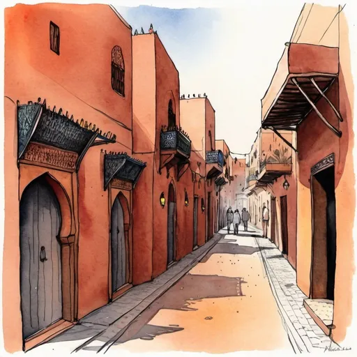 Prompt: les rues de Marrakech-Ville, dessin à l'encre aquarelle illuminé et fantastique, style brut 