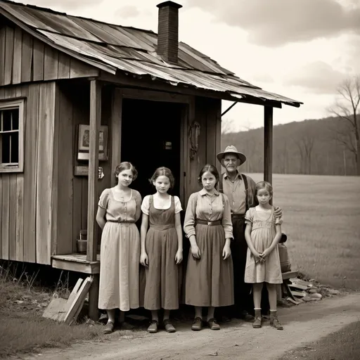 Prompt: Subject: An Appalachian family
Setting: In front of a run-down shack
Action: Looking at cell phones
Context: The phones are modern, contrasting with their old-fashioned attire and setting
Environment: Appalachian rural landscape
Lighting: Natural, mid-day sunlight
Artist: Inspired by Walker Evans
Style: Vintage, sepia-toned
Medium: Photography
Type: Black and white photo with elements of color (phones)
Color Scheme: Sepia, muted tones with splashes of color from the cell phones
Computer Graphics: Minimal, to enhance the authenticity of the photograph
Quality: High-resolution, detailed
Additional Details: The family members exhibit expressions of surprise and curiosity, their clothes are period-appropriate for the early 20th century, the shack is weathered and aged, surrounding environment is rural and undeveloped.

Negative Prompts:
Modern, urban, futuristic, glossy, vibrant, digital art, cartoon, abstract, neon, sci-fi, fantasy, over-saturated colors, busy background, night scene, indoor setting, formal attire, smiling faces, high-tech environment.
