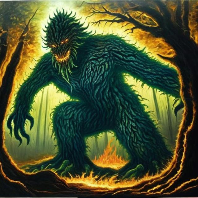 Prompt: giant burning shadow monster in forest, oil painting