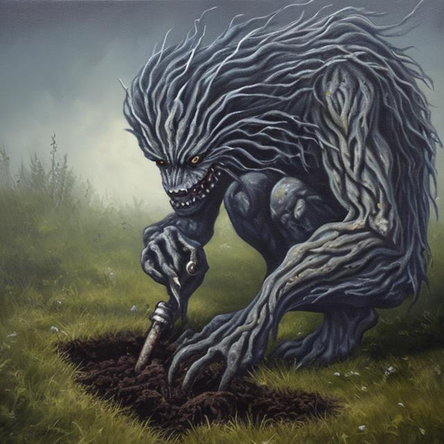 Prompt: shadow monster digging a grave, oil painting